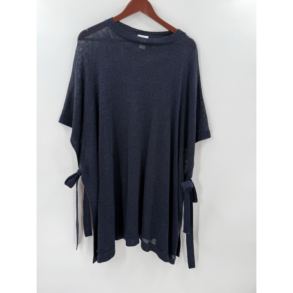 J. Jill Navy Blue Linen Blend Lightweight Poncho Side Ties Cover Up One Size EUC
